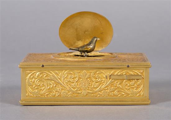 Appraisal: A Continental Gilt Bronze Singing Bird Box probably German Width