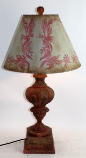 Appraisal: Distressed carved wooden finial lamp with floral painted shade h