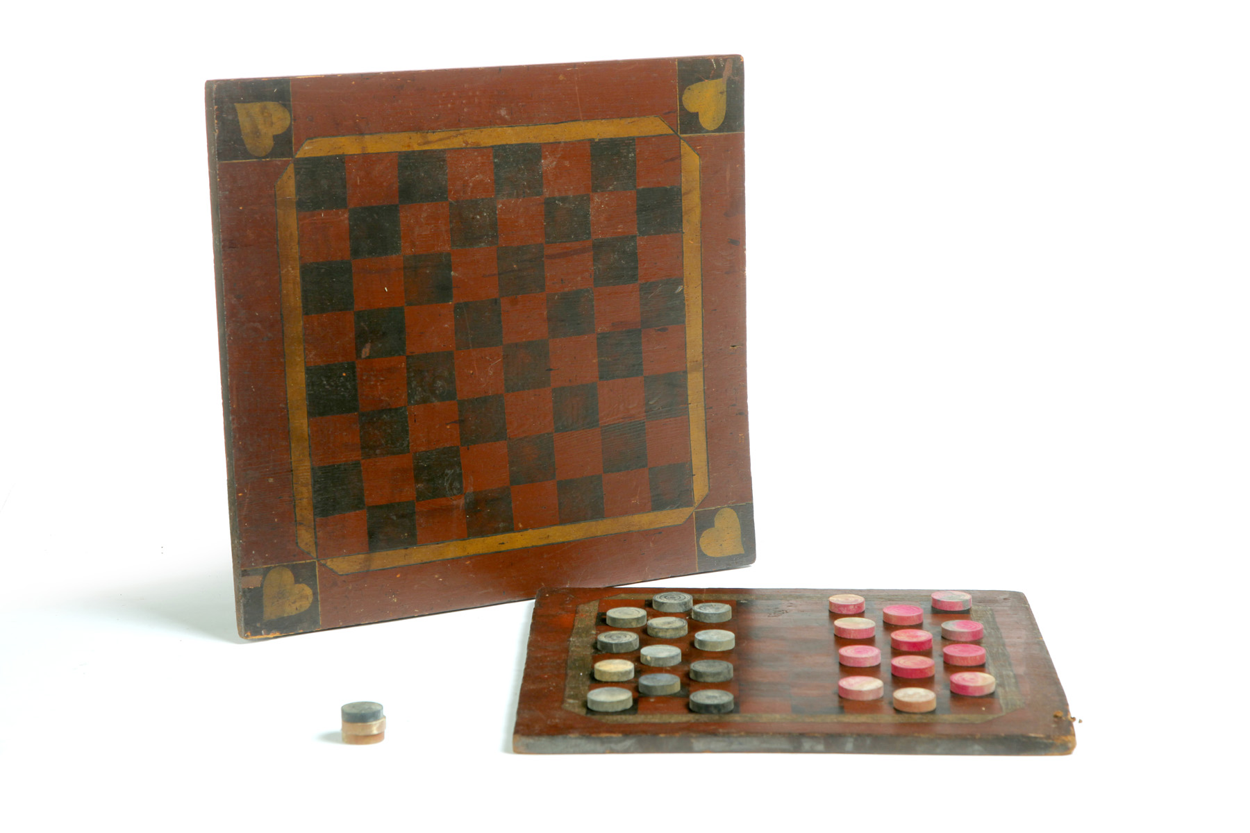 Appraisal: TWO GAMEBOARDS AND CHECKERS American late th century Gameboards with