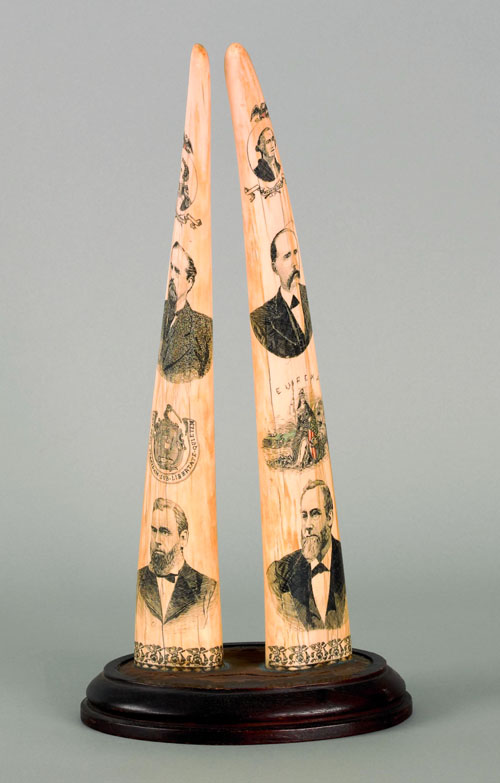 Appraisal: Important pair of Nathaniel S Finney - scrimshaw walrus tusks