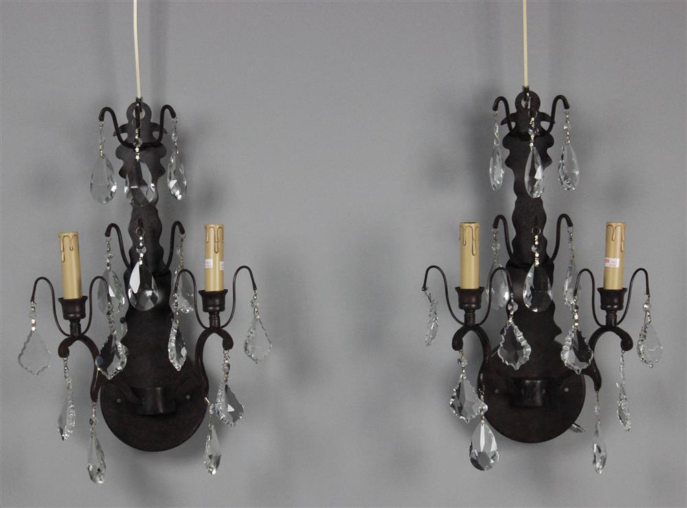 Appraisal: PAIR OF PATINATED METAL AND GLASS TWO-LIGHT WALL SCONCES Timeless