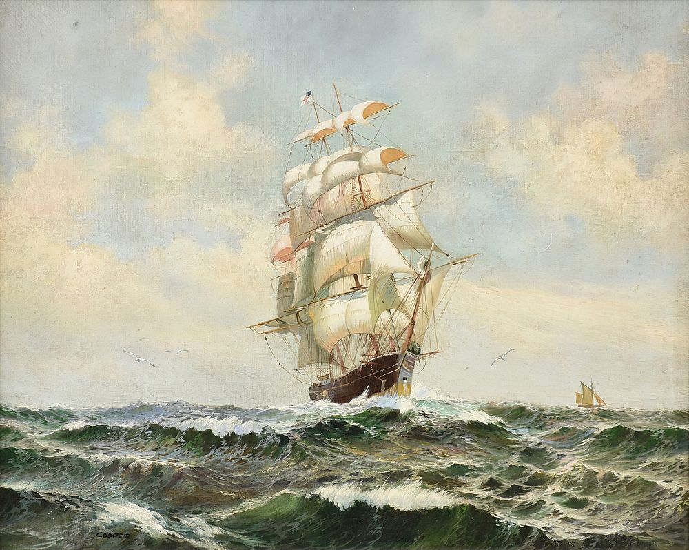 Appraisal: ENGLISH SCHOOL Three Masted Barque in a Choppy Emerald Sea