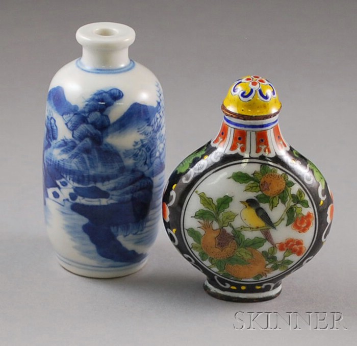 Appraisal: Two Asian Snuff Bottles one blue and white porcelain depicting