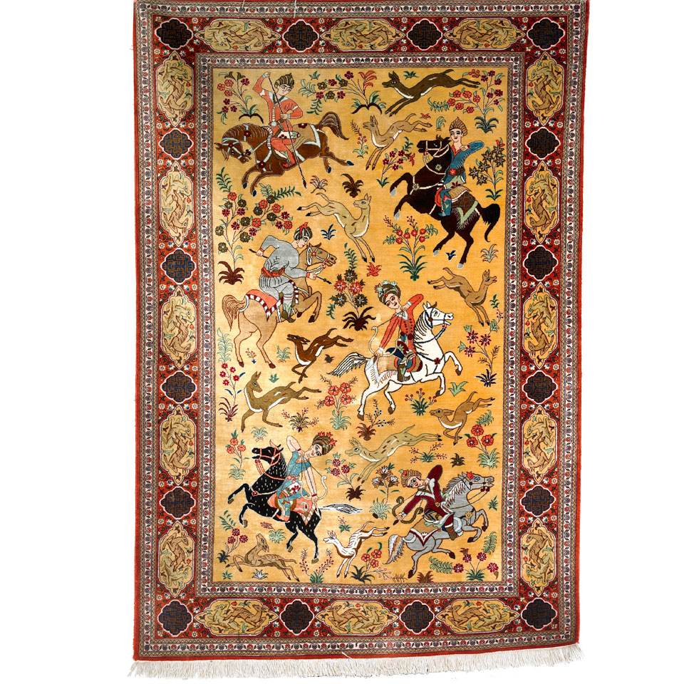 Appraisal: Qum Silk Hunting Rug ft height x ft width height