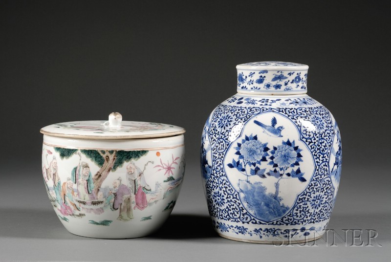 Appraisal: Two Porcelain Covered Jars China th century an underglaze blue