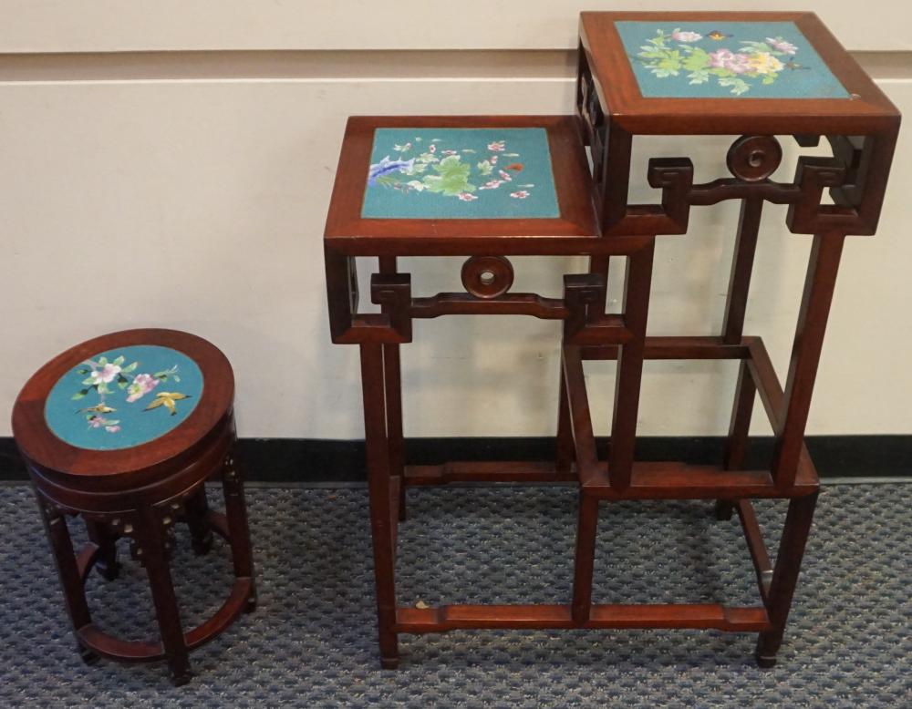 Appraisal: CHINESE HONGMU CLOISONNE TOP TWO-TIER TABLE AND STOOL LARGER X