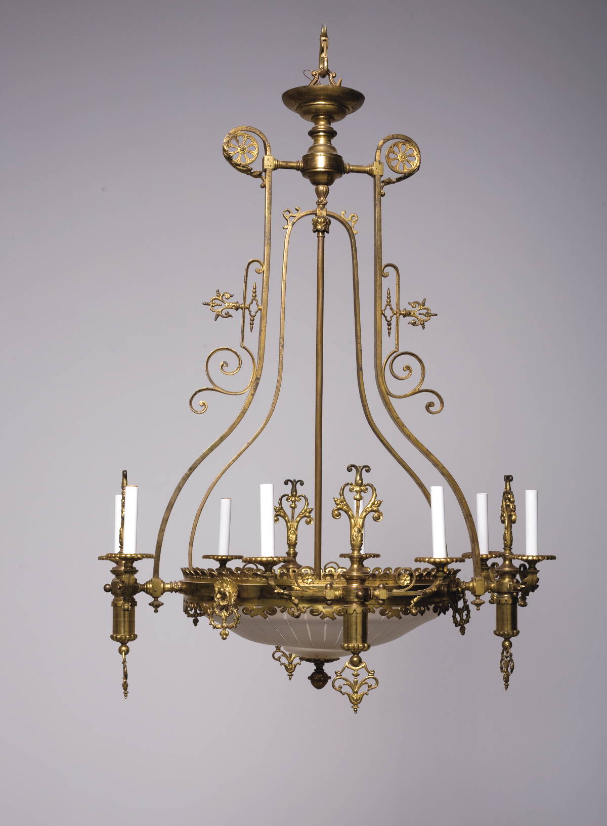 Appraisal: AMERICAN RENAISSANCE REVIVAL BRASS AND GLASS EIGHT-LIGHT CHANDELIER LATE NINETEENTH