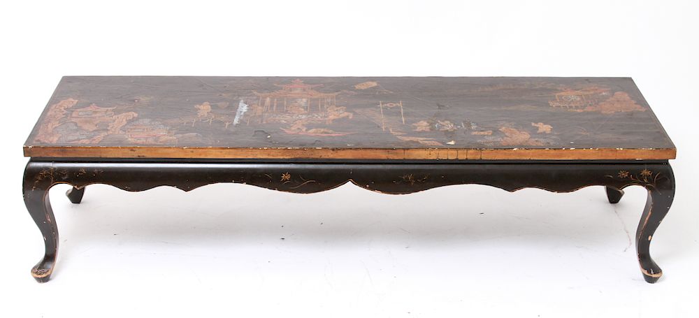 Appraisal: Asian Lacquered Low Table w Temple Scene Asian lacquered low