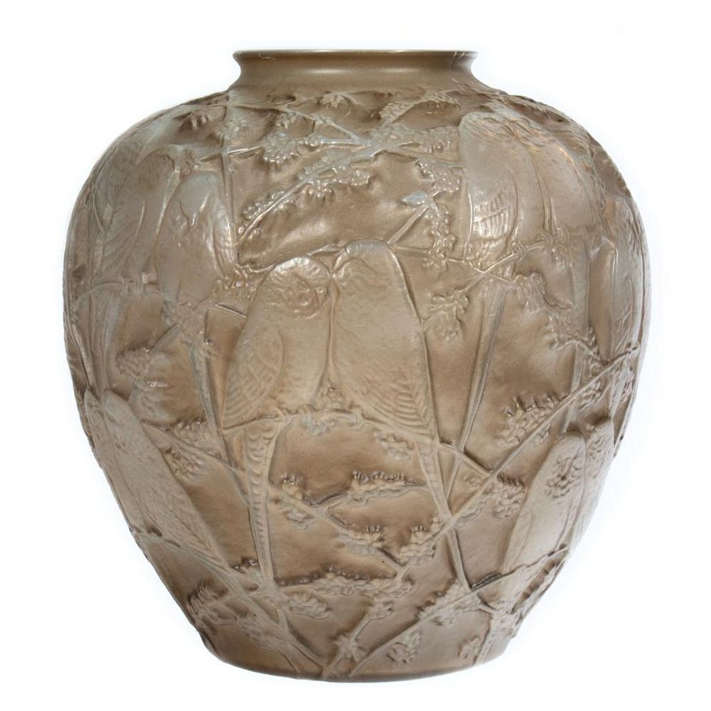 Appraisal: Deco Style Opalescent Glass Vase Cast with parakeets amid vines