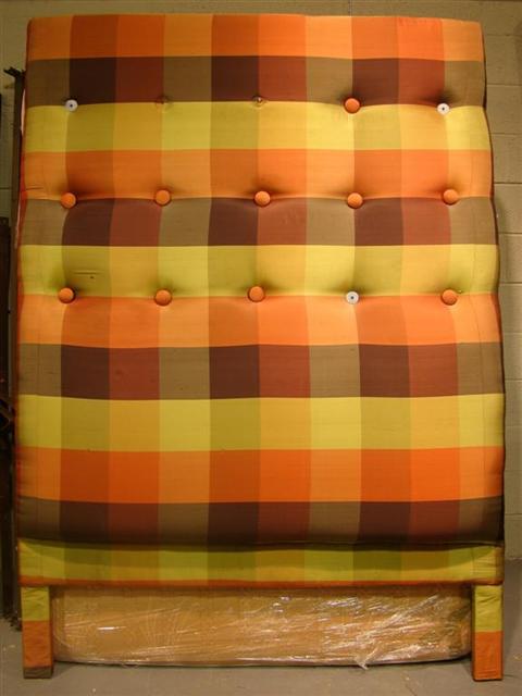 Appraisal: LARGE BUTTON TUFTED HEADBOARD the red and green plaid upholstery