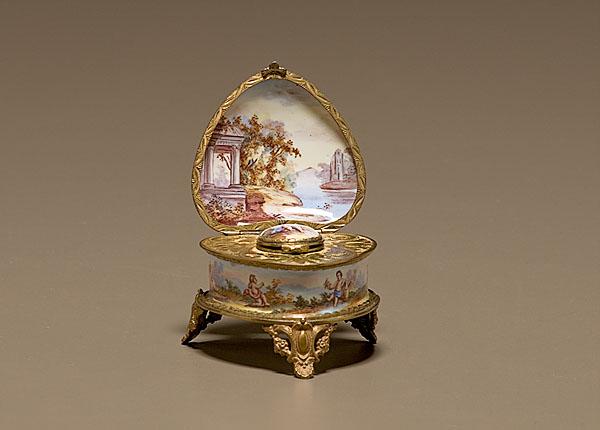 Appraisal: ENAMEL ON COPPER INKWELL WITH CLASSICAL SCENES Continental early th