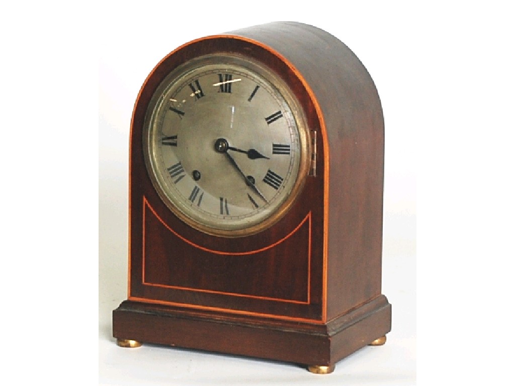 Appraisal: EDWARDIAN MAHOGANY AND LINE INLAID MANTEL CLOCK retailed by Wilson