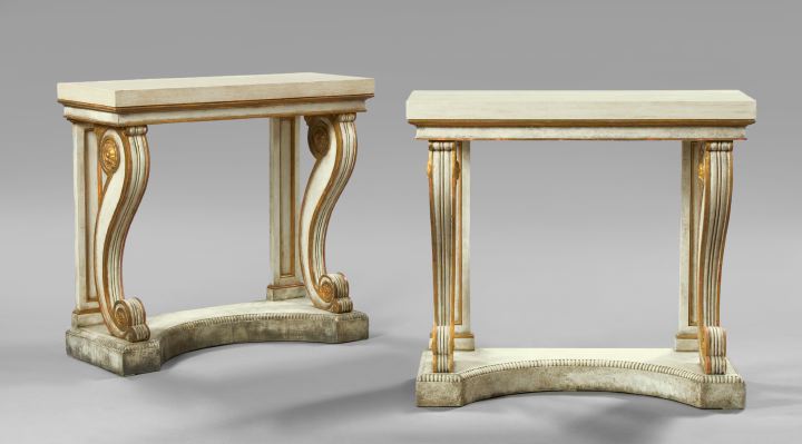 Appraisal: Pair of Regency-Style Polychromed and Faux-Marbre Side Tables each with