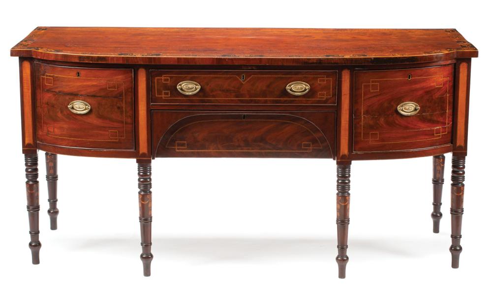 Appraisal: Regency Inlaid Mahogany Sideboard early th c banded shaped top