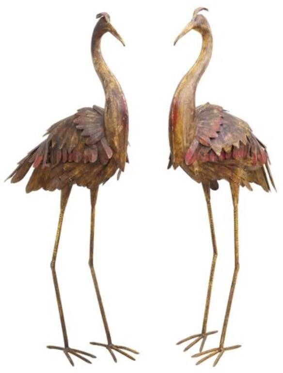 Appraisal: pair Metal garden sculptures Standing Cranes th c polychrome painted