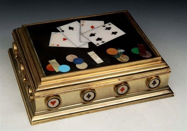 Appraisal: A FRENCH GILT METAL AND MARBLE INSET GAMES BOX with