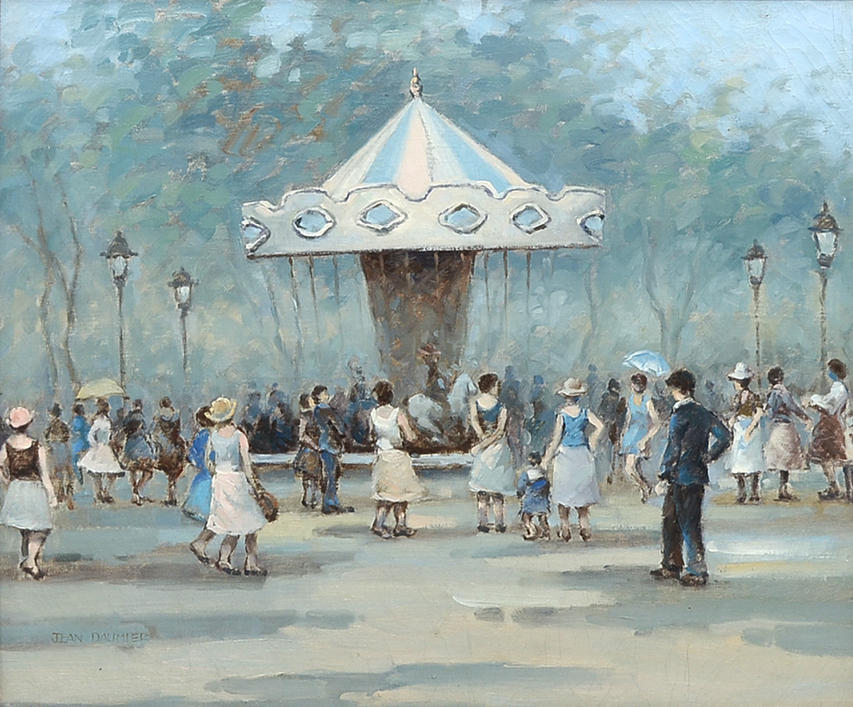 Appraisal: DAUMIER Jean French - Large Crowd with Paris Carousel Oil