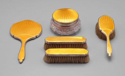 Appraisal: English silver enameled dresser set Art Deco with yellow enameled