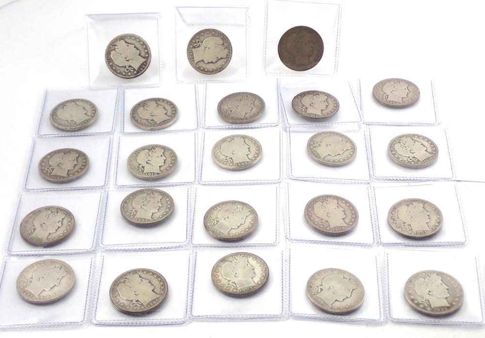 Appraisal: TWENTY-THREE U S SILVER BARBER HALF DOLLARS mixed dates to