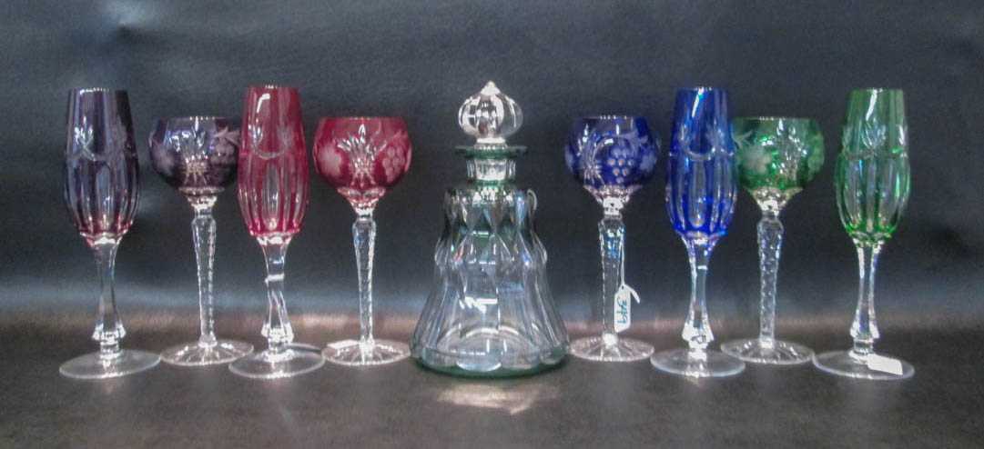 Appraisal: ASSEMBLED FLASHED GLASS DECANTER AND STEMWARE nine pieces comprised of