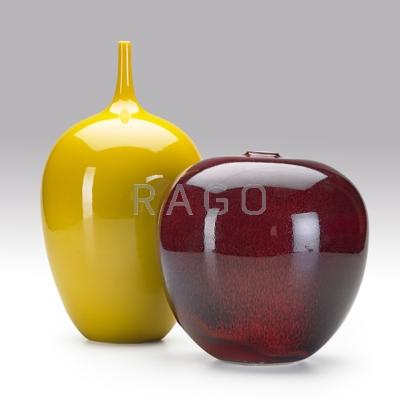 Appraisal: CLIFF LEE b Two porcelain vessels Imperial Yellow and oxblood