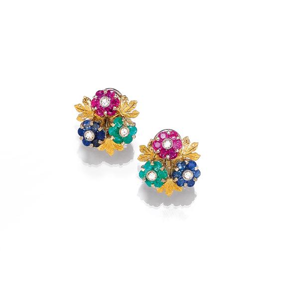 Appraisal: GEMSTONE AND DIAMOND EAR CLIPS ca Yellow and white gold