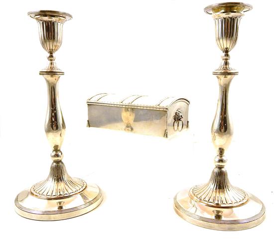 Appraisal: SILVER PLATE Cigarette box and pair of candlesticks three pieces