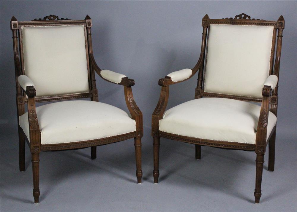 Appraisal: PAIR OF LOUIS XVI STYLE BEECHWOOD FAUTEUILS late th early