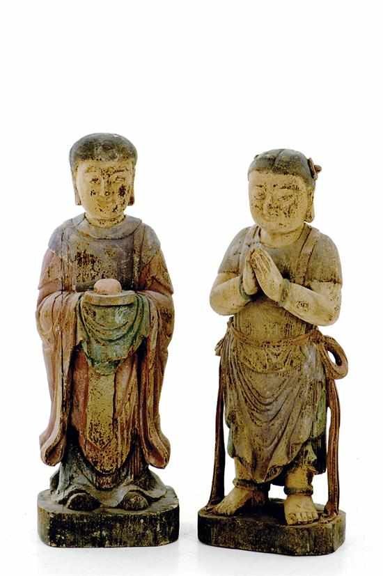 Appraisal: Pair Chinese carved wood figures man holding offering and woman