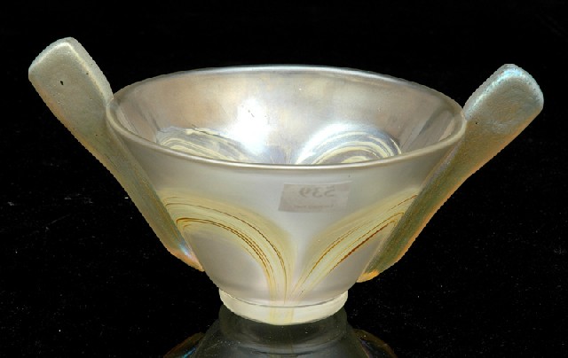 Appraisal: A LOETZ IRIDESCENT GLASS BOWL Conical flanked by rectangular terminals