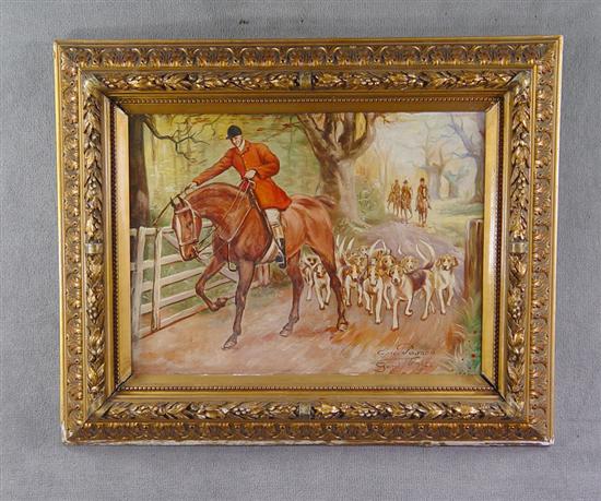 Appraisal: Oil on Canvas Fox Hunting Scene Four hunters in pinks