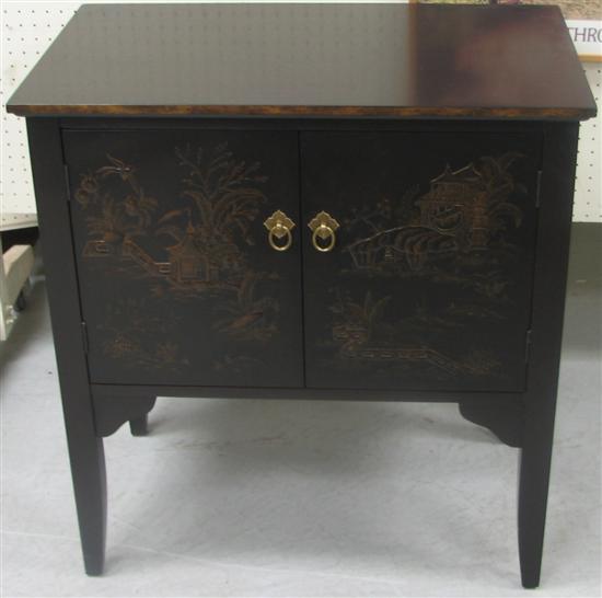 Appraisal: Chinoiserie decorated two door cabinet black gilt decoration designed by