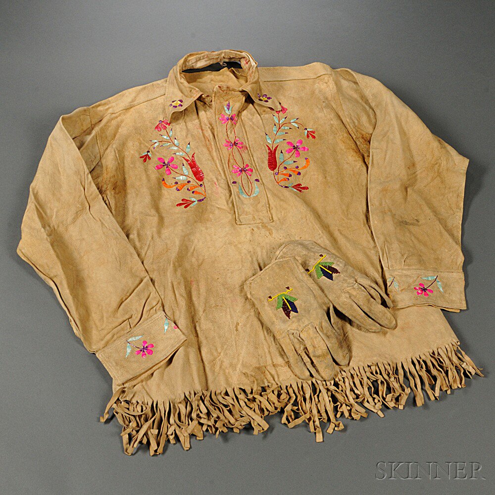 Appraisal: Sioux Quilled Scout Shirt and Beaded Gloves the shirt c