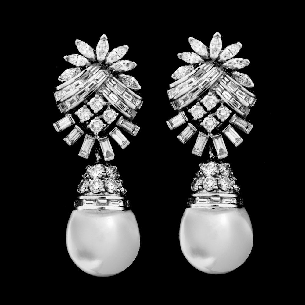 Appraisal: Art Deco Diamond Pearl and Platinum Earrings Art Deco Approx