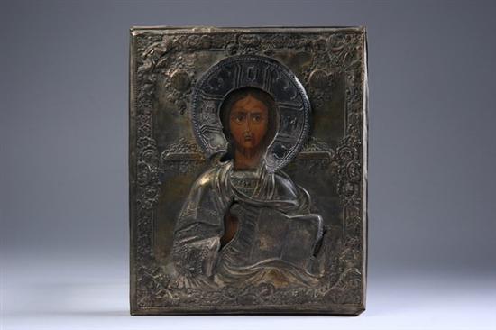 Appraisal: RUSSIAN ICON OF CHRIST PANTOCRATOR th century With gilt metal