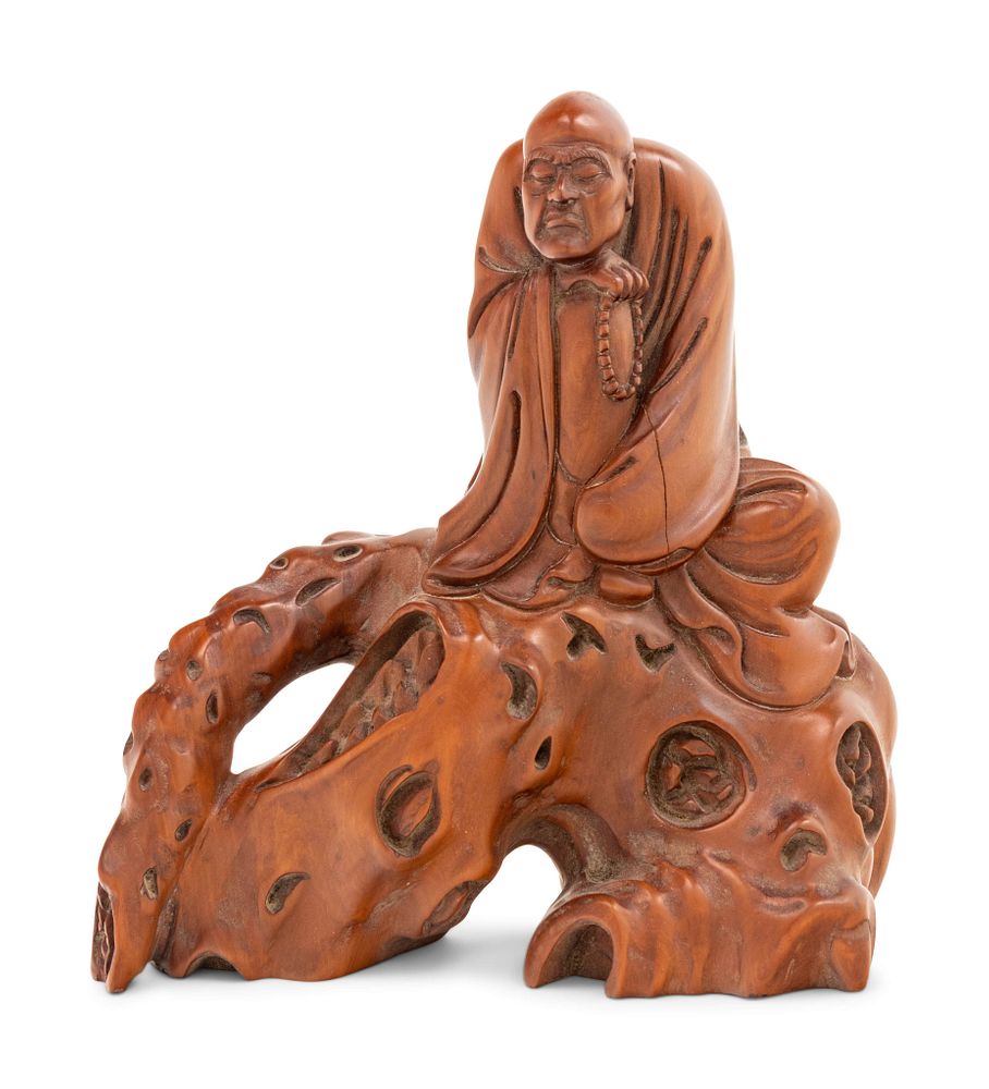 Appraisal: A Chinese Boxwood Carved Figure of aLuohan A Chinese Boxwood