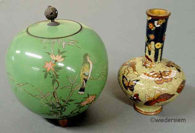 Appraisal: Light green cloisonn covered jar th c with bird and