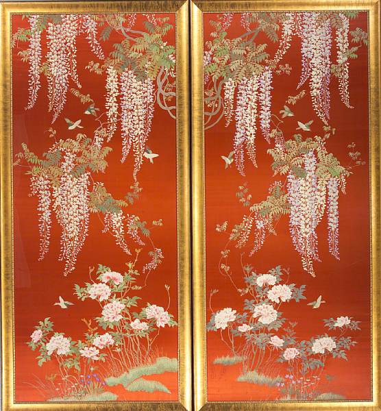 Appraisal: A pair of massive red satin ground embroidered panels Republic