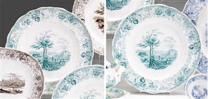 Appraisal: Two historical green transferware dinner plates thomas godwin burslem -