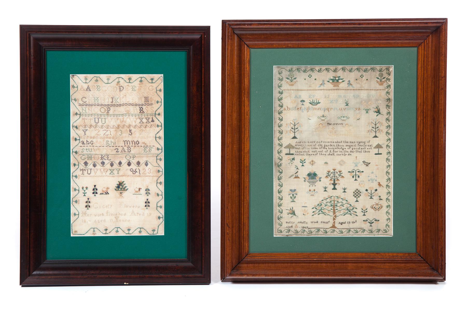 Appraisal: TWO SAMPLERS Silk on linen English with neatly stitched alphabets