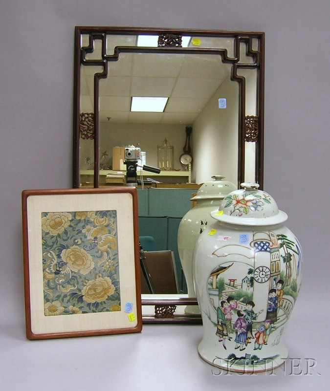 Appraisal: Chinese Framed Embroidered Panel Export Porcelain Covered Jar and an