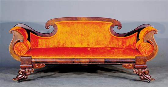 Appraisal: American Classical carved mahogany sofa circa - shaped back extending