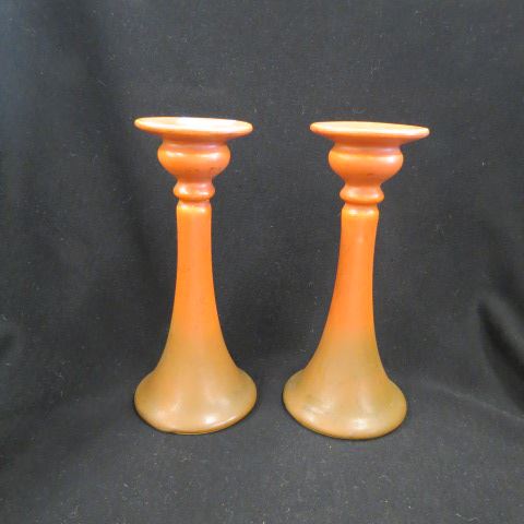 Appraisal: Pair of Roseville Art Pottery Candlesticks orange-brown circa