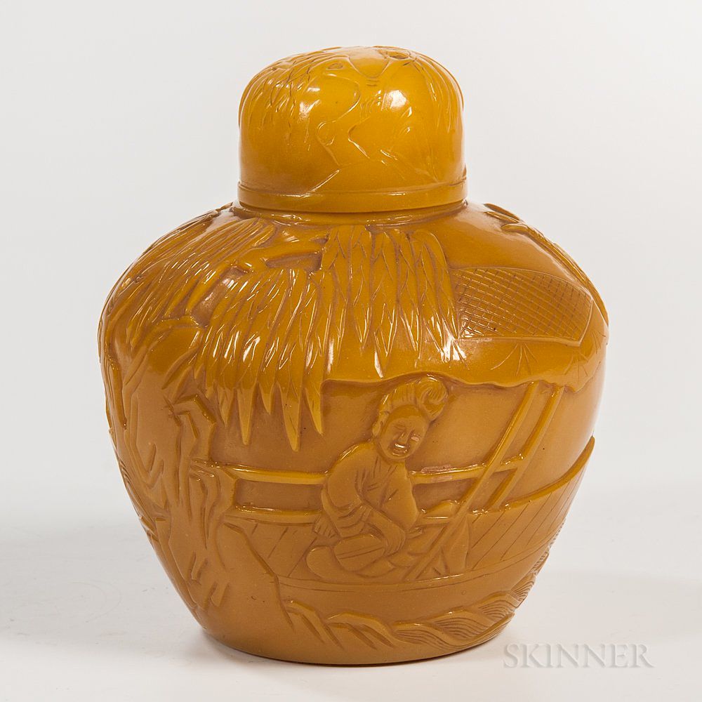 Appraisal: Yellow Peking Glass Jar and Cover Yellow Peking Glass Jar