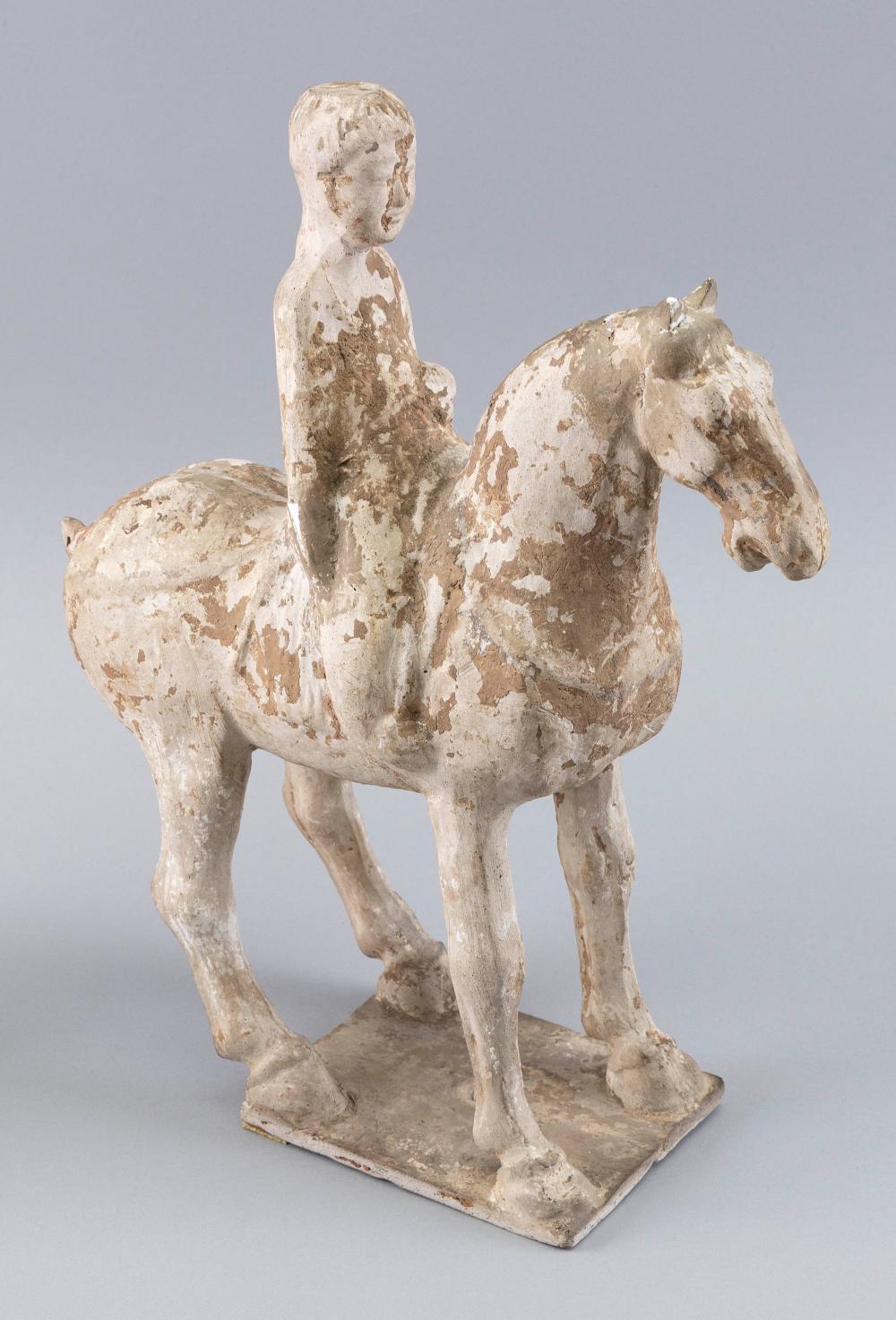 Appraisal: CHINESE PAINTED BISQUE POTTERY HORSE AND RIDER POSSIBLY TANG DYNASTY