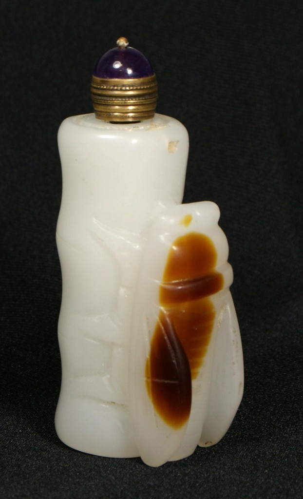 Appraisal: White jade carved beetle snuff bottle with amethyst stopper h