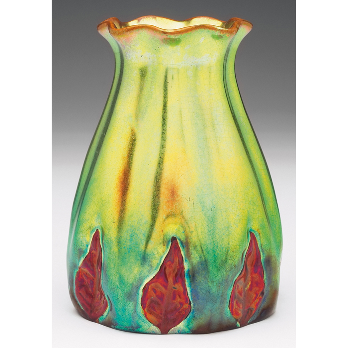 Appraisal: Zsolnay vase organic shape with red leaves at bottom covered