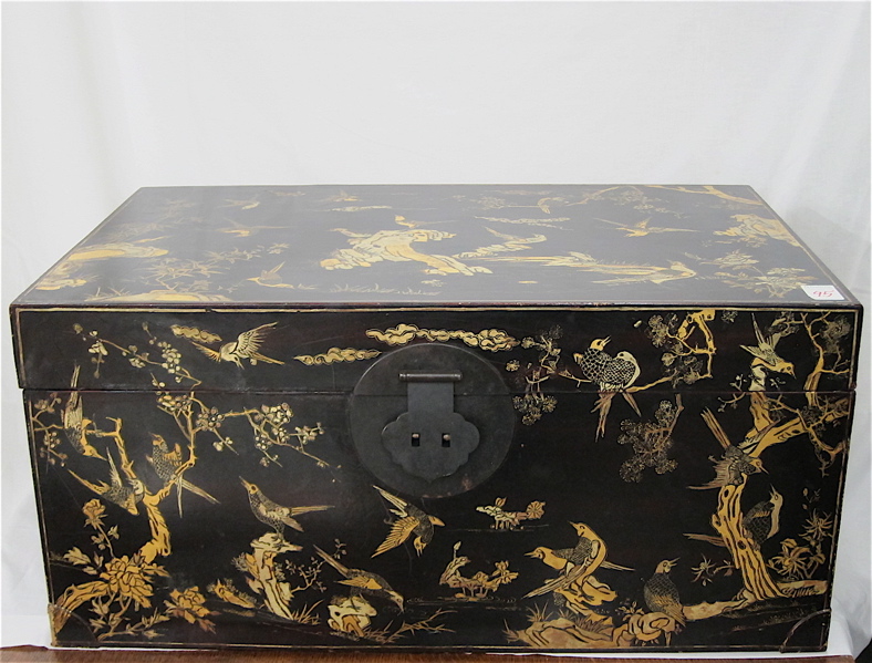 Appraisal: PARCEL GILT EBONIZED LEATHER TRUNK Chinese th century of rectangular