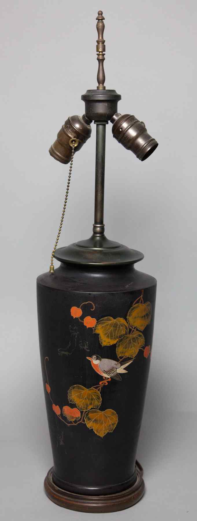 Appraisal: PAINTED POTTERY TABLE LAMP Of tapering cylindrical shape painted with