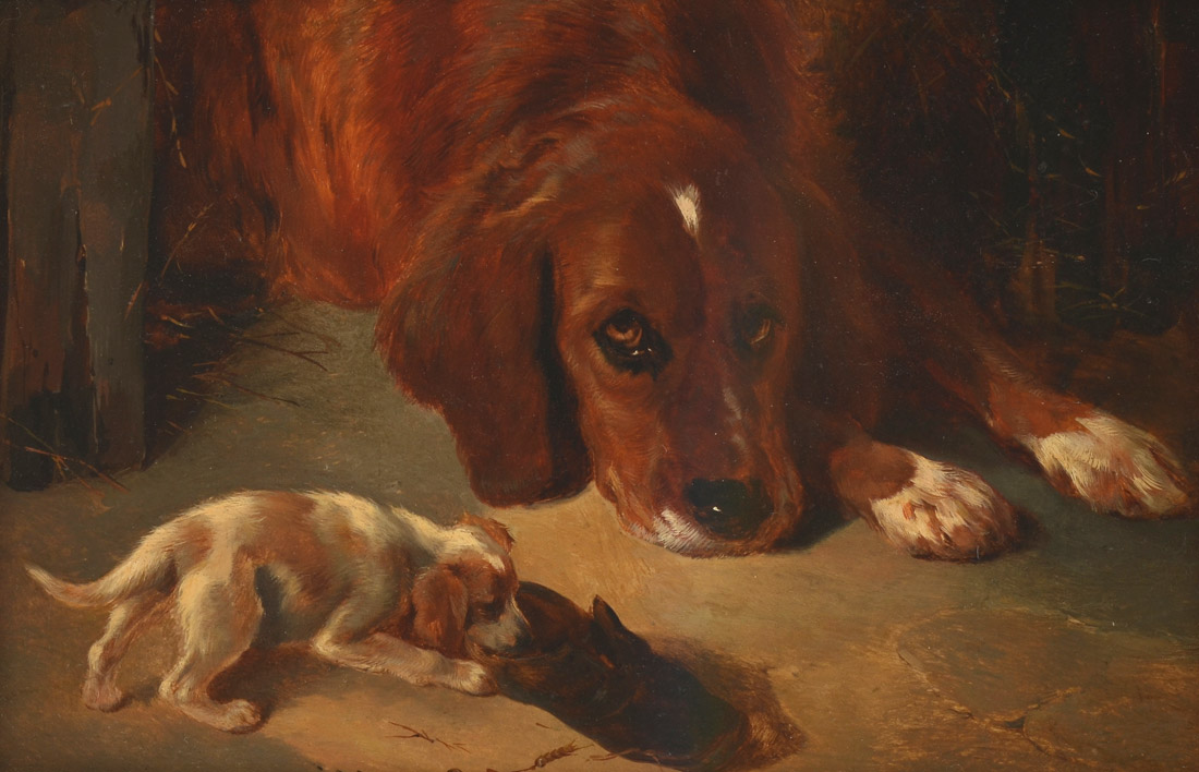 Appraisal: HORLOR George British - ''Playful Puppies'' Oil Board '' x